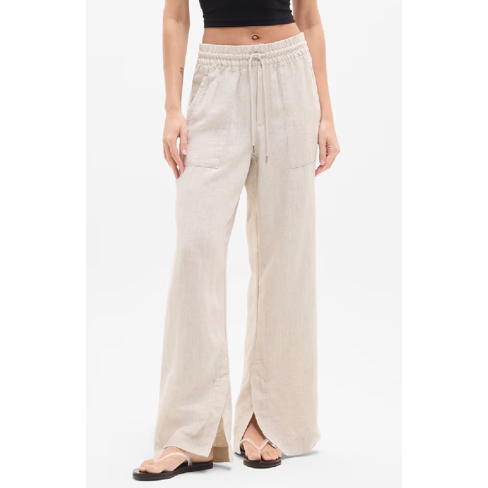 Athleta Retreat Linen Wide Leg Pants Oatmeal Beige Slit Hem Medium